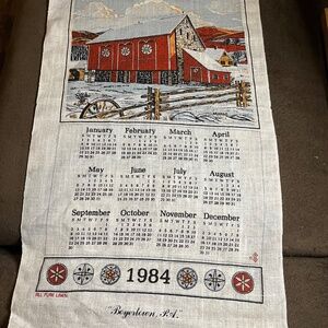 1984 Vintage Linen Calendar Tea/KitchenTowel Amish, Red Barn, Folk, Boyertown PA
